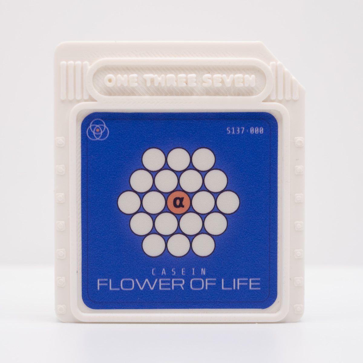Flower of Life NFC game cart — front, blue Flower of Life sticker, S137·000